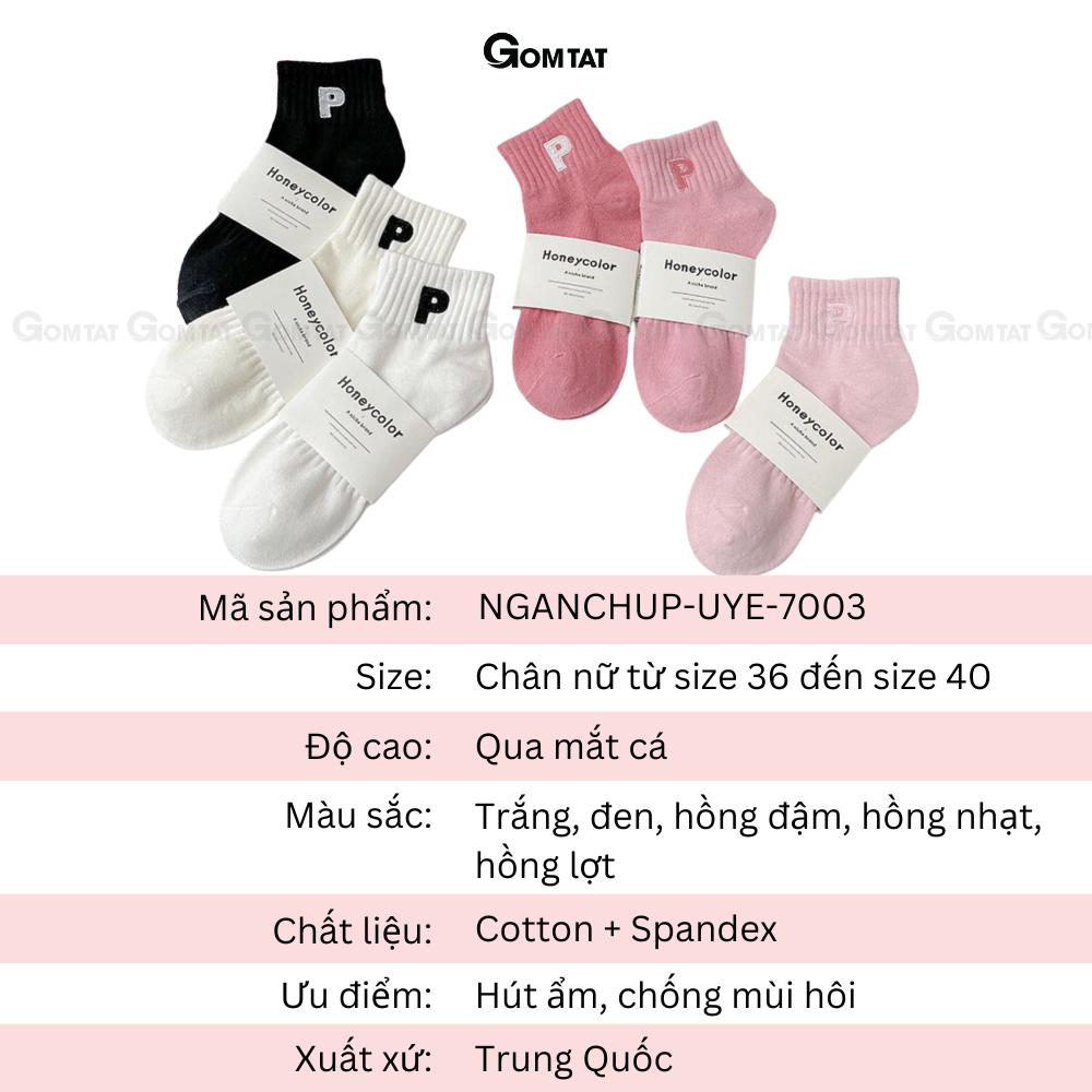 Tất nữ cổ ngắn GOMTAT chữ P màu hồng dễ thương, chất liệu cotton mềm mại thấm hút thoáng khí - NGANCHUP-UYE-7003-1DOI