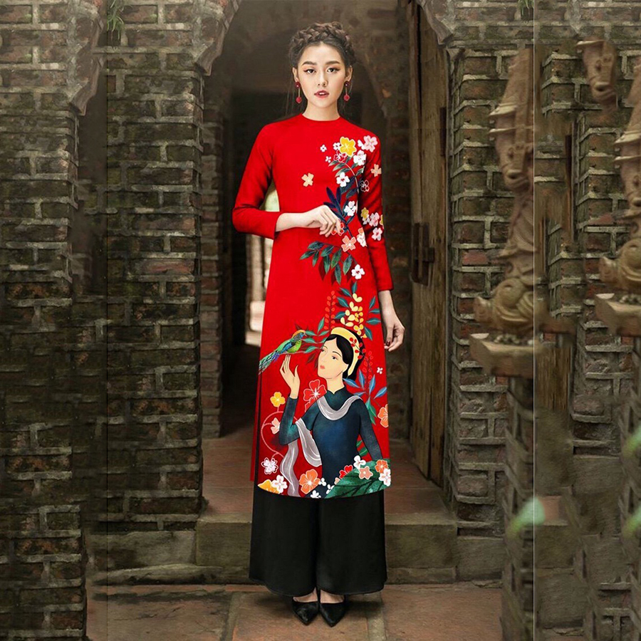 Set áo dài họa tiết cô gái DV size M/L/XL/XXL