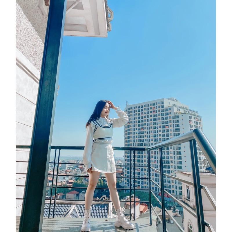 Áo sơmi croptop gi-lê viền trắng đen