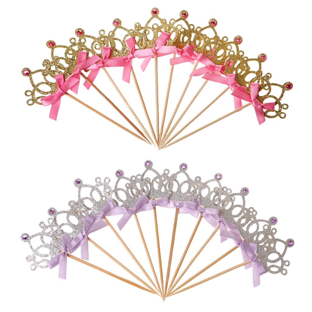 10pcs/set Crown Cake Topper Cupcake Picks with Ribbon Pink and Gold