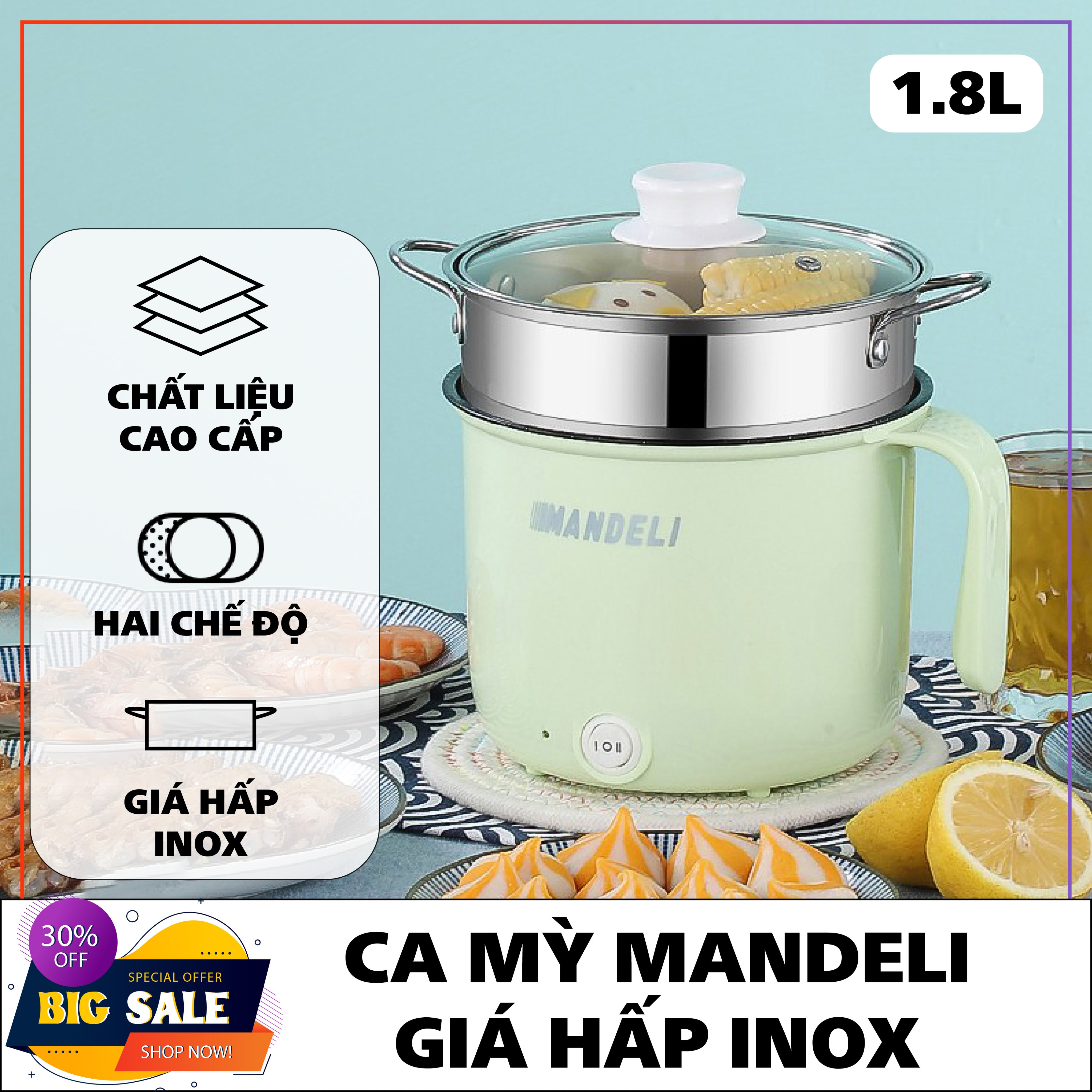 Ca Nấu Mì, Nấu Cơm Đa Năng Có Tay Cầm 1.8L, Ca Nấu Mì Mini Kèm Giá Hấp Inox Chất Lượng Cao