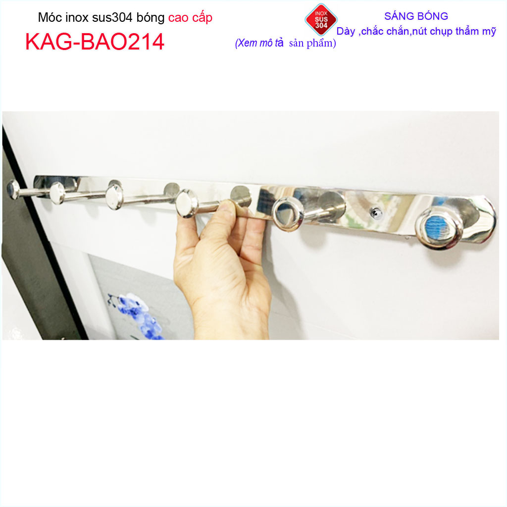 Móc 6 Inox KAG-BAO214, móc áo phòng tắm SUS304 dập sáng bóng sang trọng thiết kế tuyệt đẹp siêu bền
