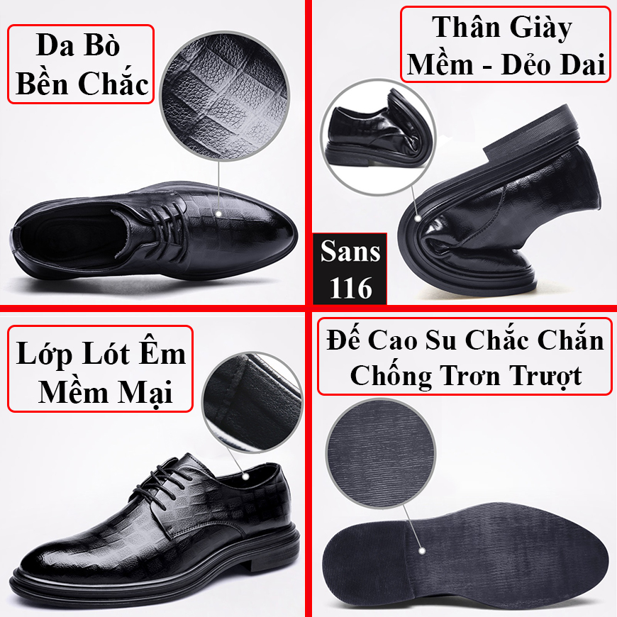 Giầy tây nam tăng chiều cao 6cm Sans116 giày derby công sở đen độn đế buộc dây cao cấp chú rể đám cưới mặc vest