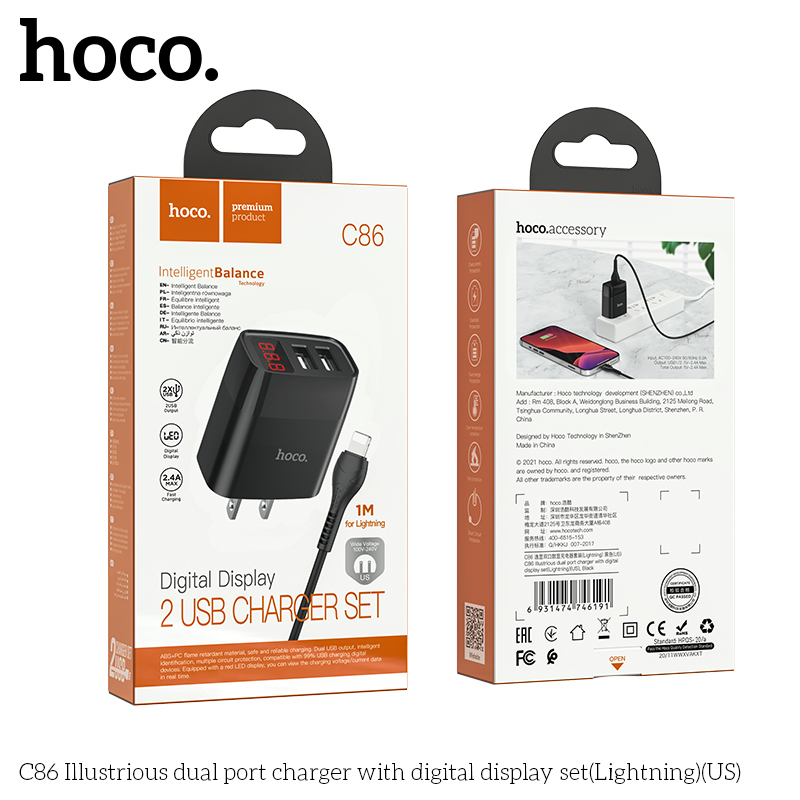 Cóc Sạc Nhanh Hoco C86 2.4A 2 Cổng Usb Màn Hình Led - Hàng Chính Hãng