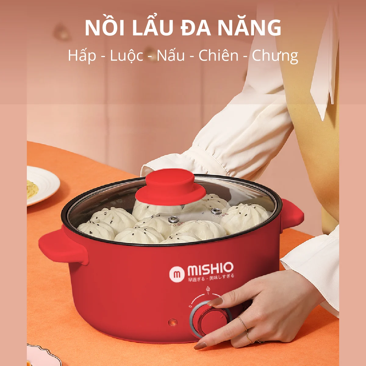 Nồi Lẩu Điện 4L Mishio MK328 có xửng hấp - Hàng chính hãng