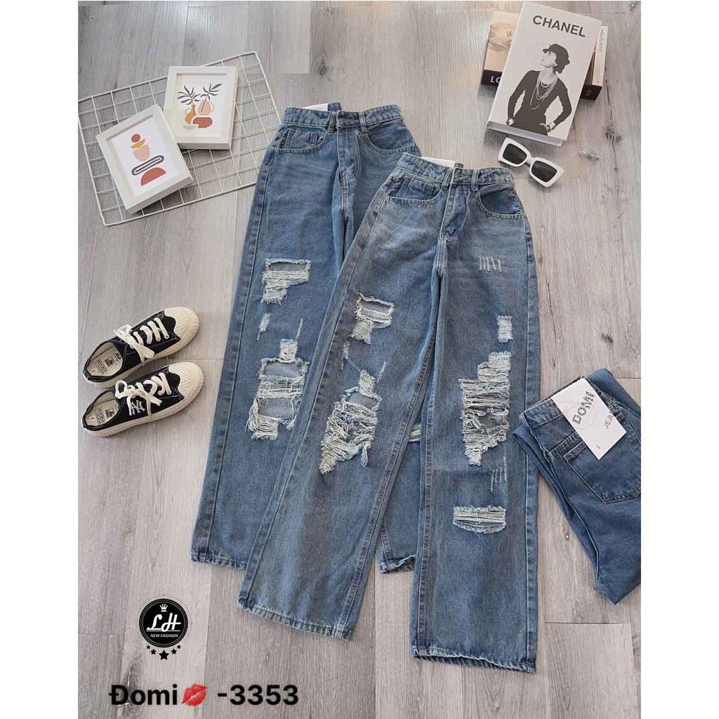 Quần jean rách te tua nữ ống rộng ulzzang cạp cao Lê Huy Fashion MS 3353