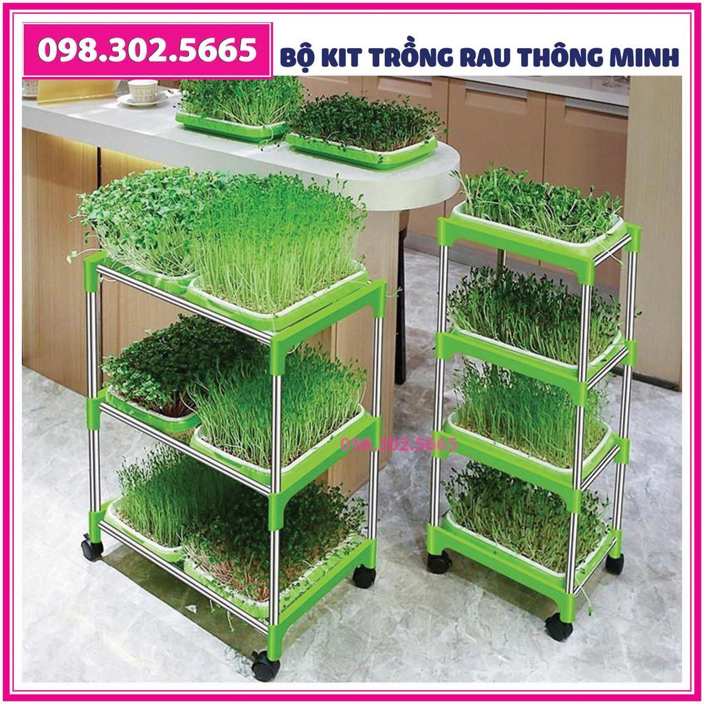 Bộ Kit trồng rau mầm 5 khay, 5 tầng bao gồm: Giá đỡ có 4 bánh + 5 Khay trồng + 500g Hạt giống + Vòi xịt nước.