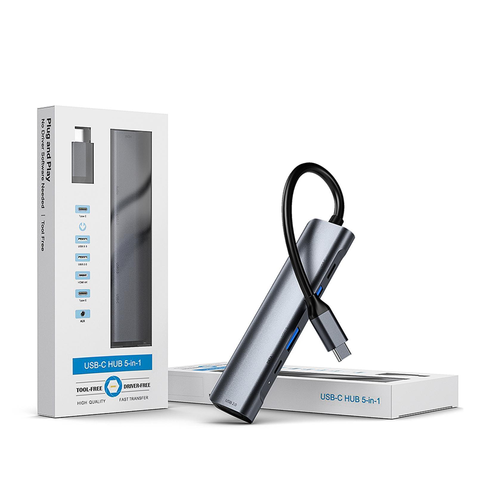 Type C Hub 5 in 1 Portable with USB 3.0 2.0 60W PD for  Pro Laptops