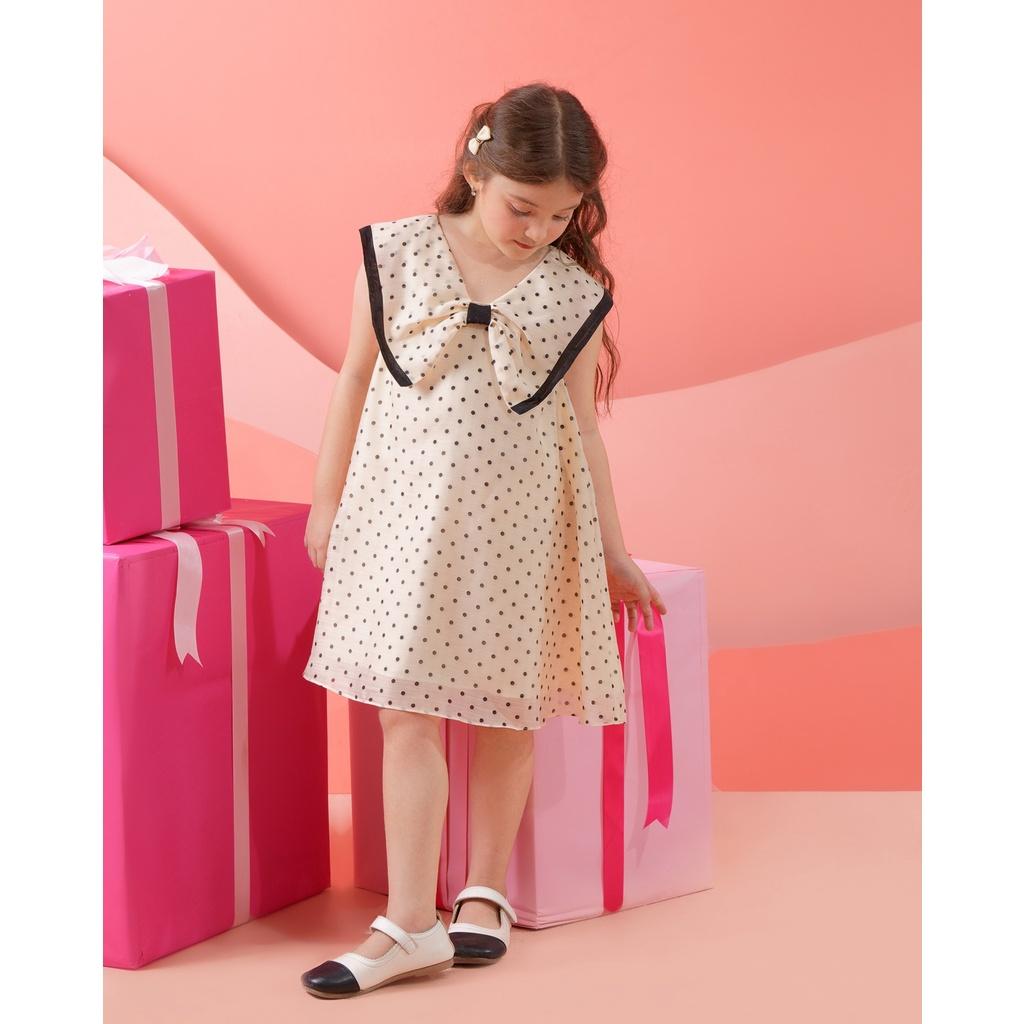 Đầm chấm bi bé gái BYZU chất liệu tơ cotton, váy thiết kế nổi bật với chiếc nơ to