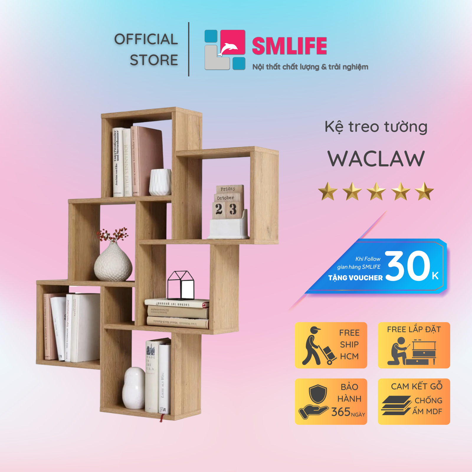 Kệ trang trí gỗ thiết kế mới lạ SMLIFE Waclaw