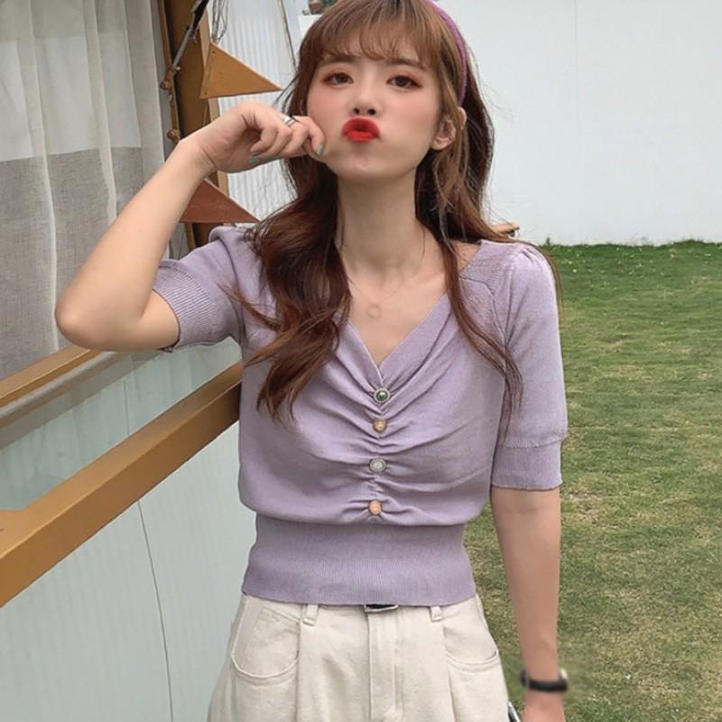 Áo Thun Dệt Kim Tay Phồng Cổ Chữ V Màu Trơn Thời Trang Cho Nữ