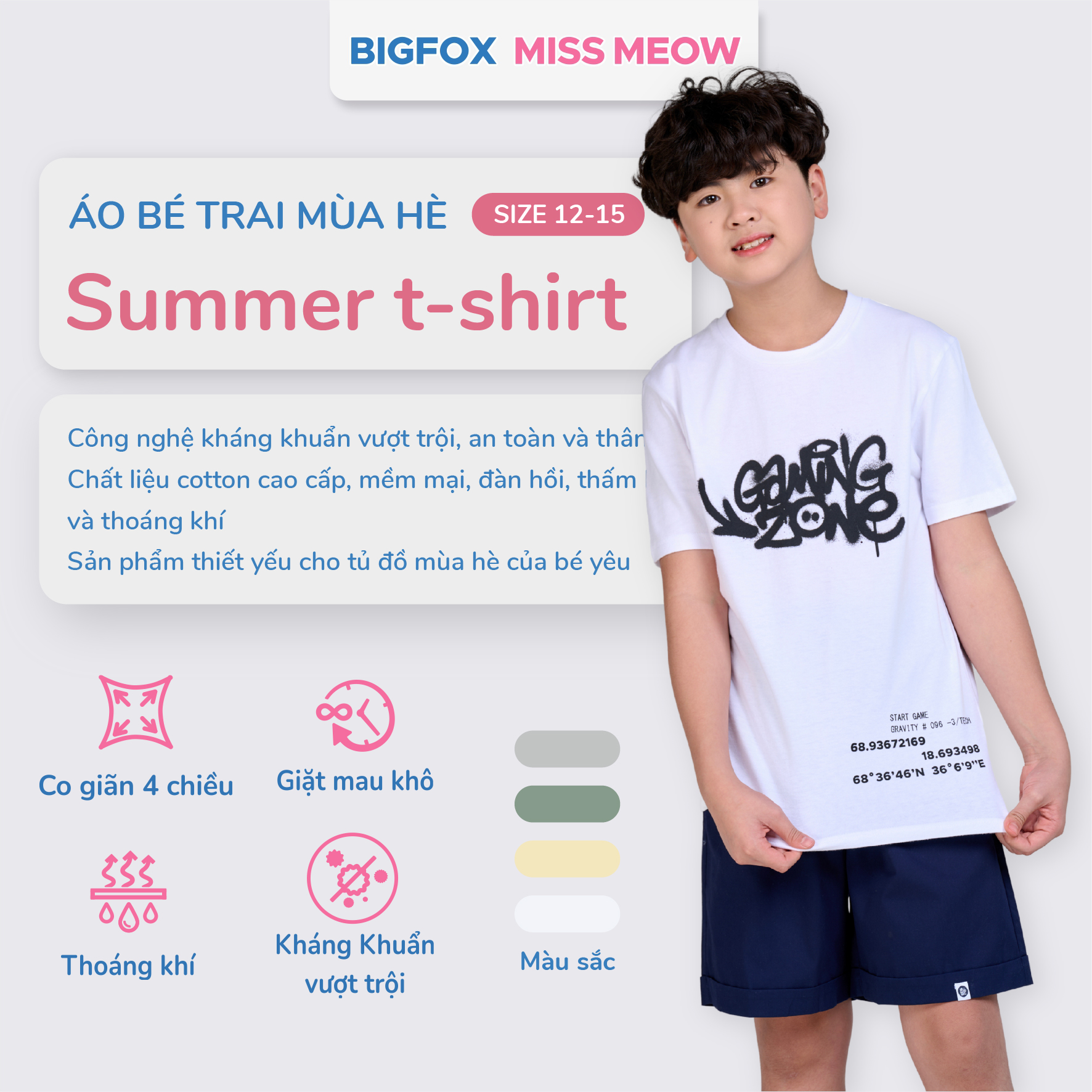 Áo cộc tay bé trai Bigfox Miss Meow size đại chất cotton in đẹp cỡ 12,13,14,15 tuổi 40kg 50kg