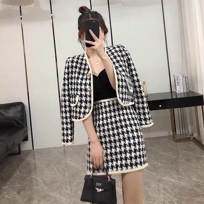 Set áo dạ lửng + chân váy ôm hoạ tiết ziczac B-A-M STORE