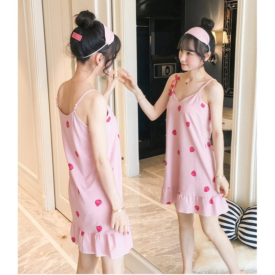 {Freeship} Váy đầm ngủ 2 dây mặc nhà họa tiết hình dâu cute, vải mềm mịn có nệm ngực Vn21