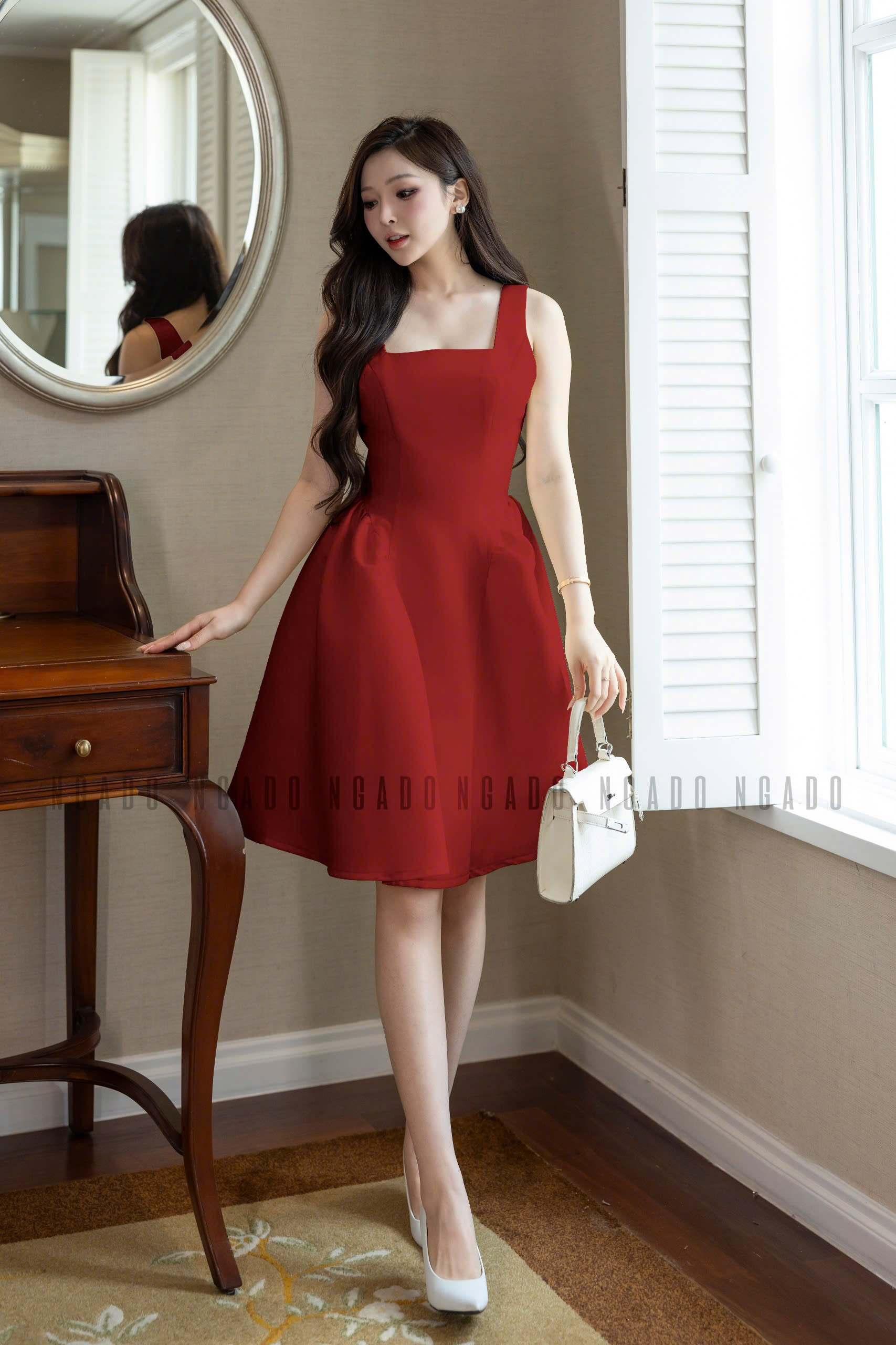 Đầm đỏ cổ vuông hai dây NGADO , đầm hai dây , đầm Nữ , đầm dạo phố , dự tiệc