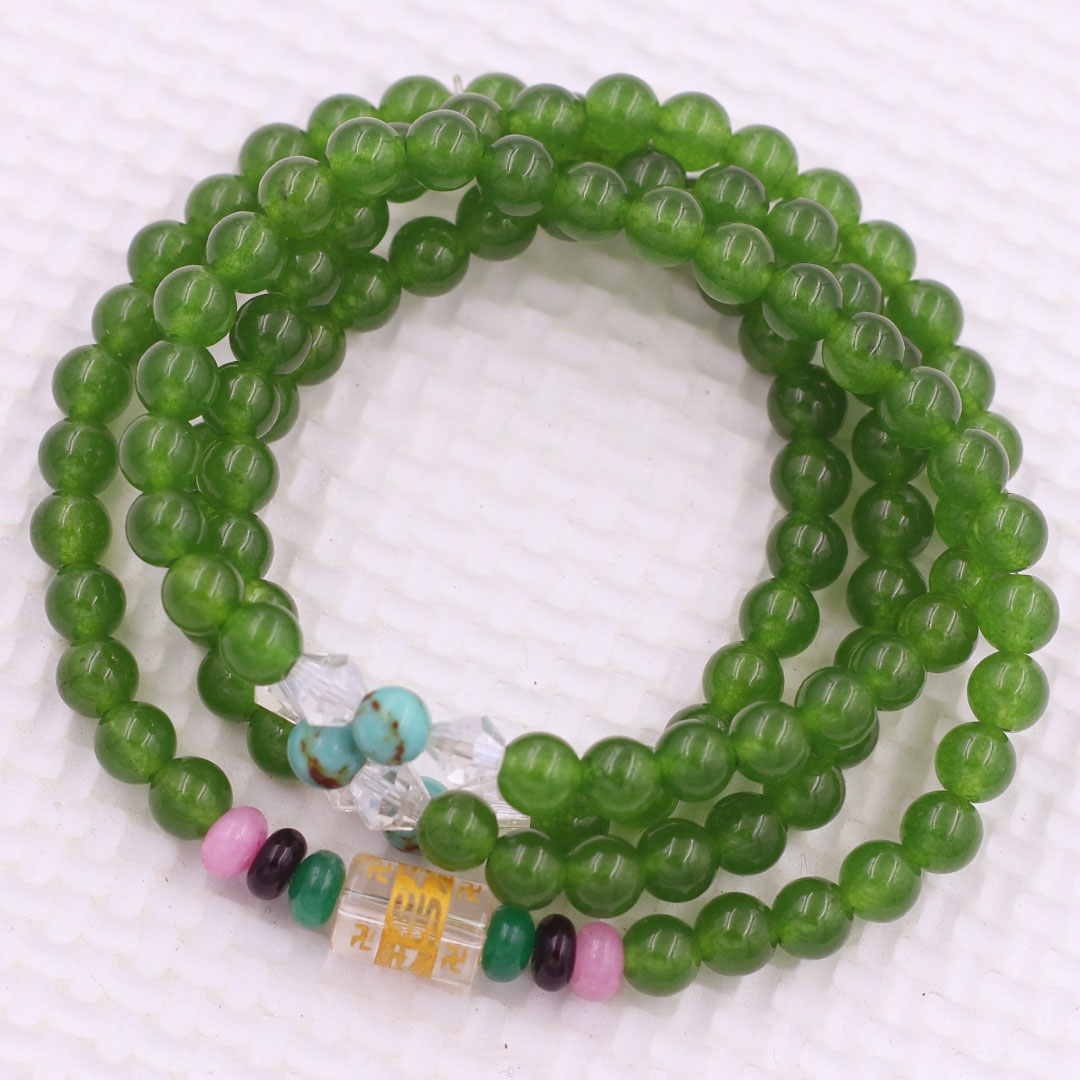 Vòng chuỗi 108 hạt đá thạch anh xanh rêu 6 ly charm lục tự kim ngôn, vòng chuỗi niệm Phật, vòng chuỗi đeo tay