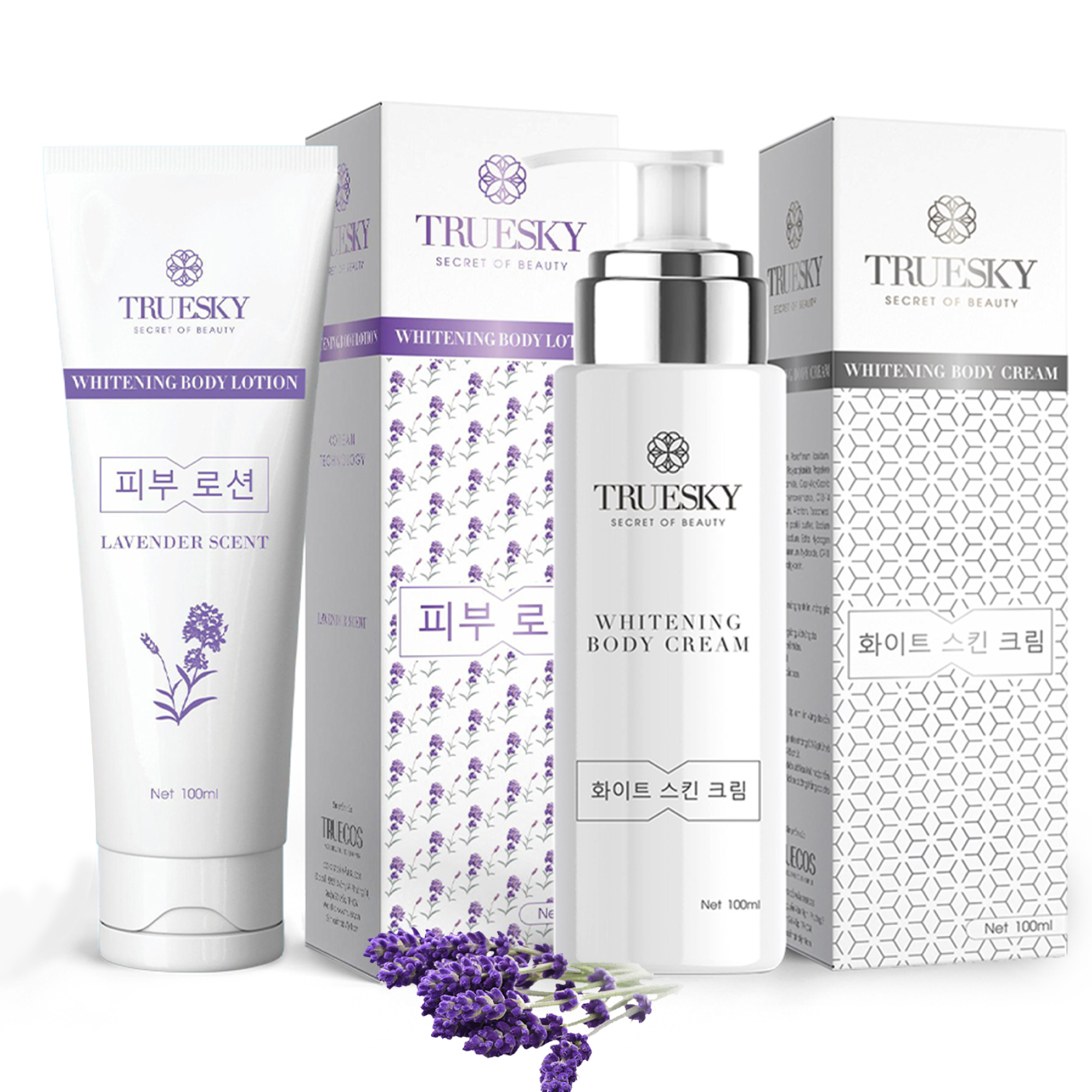 Bộ tắm trắng toàn thân Truesky gồm 1 kem ủ trắng 100g và 1 kem dưỡng trắng hương hoa Lavender 100g