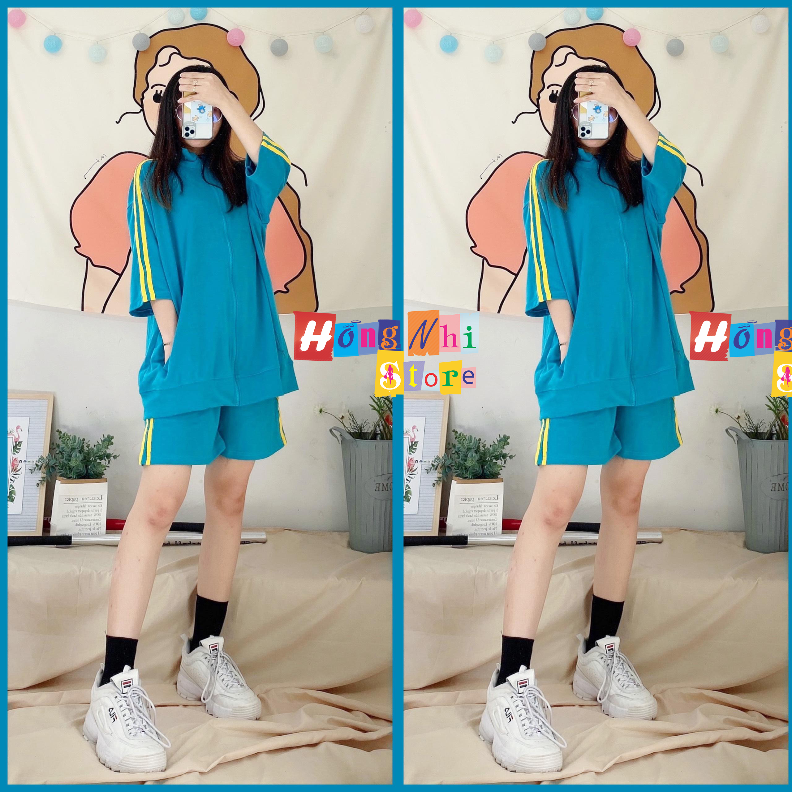 Set Bộ Thể Thao Oversize Ulzzang Unisex Áo Khoác Tay Ngắn Quần Short Màu Xanh Cao Cấp - MM - M