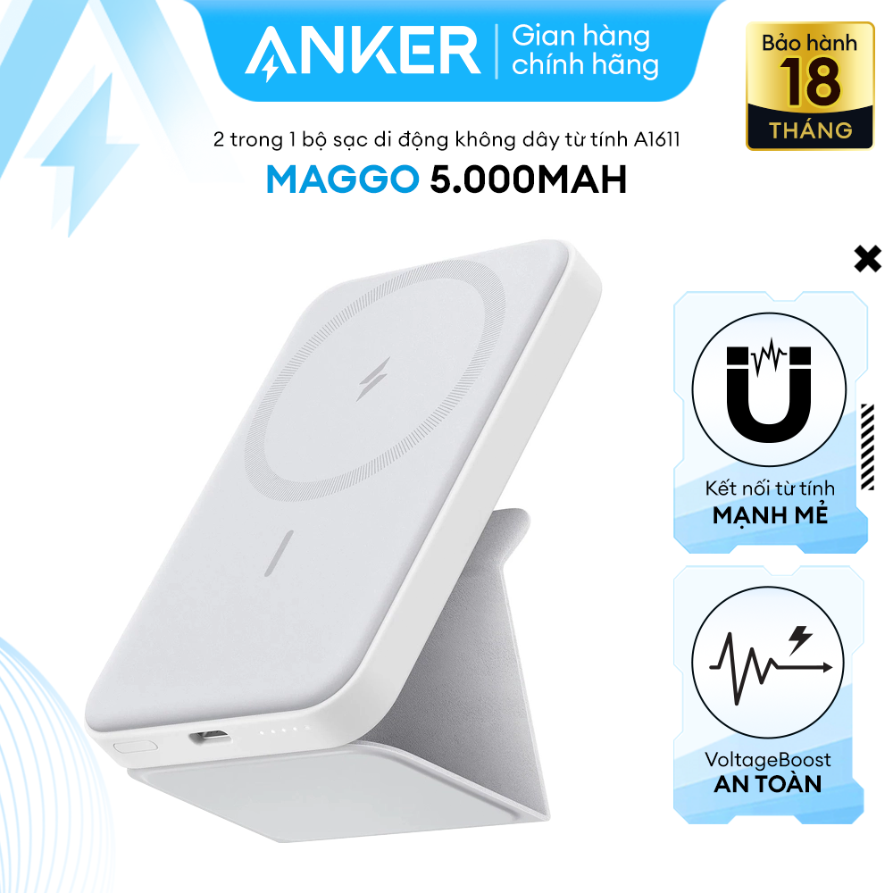 Pin sạc dự phòng ANKER 622 (MagGo) - Chức năng không dây từ tính (Magnetic) có chân đế gấp, dung lượng 5000mAh và USB-C dành cho iPhone 13/12 Series - A1611