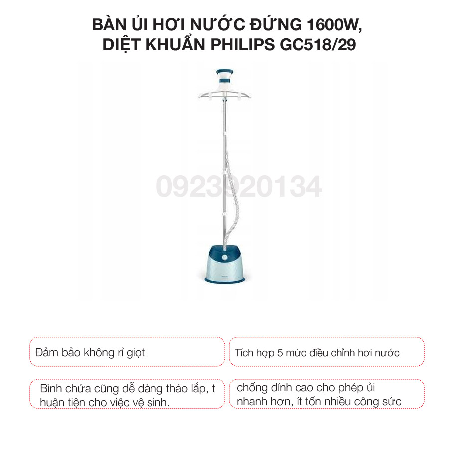 Bàn ủi hơi nước đứng 1600w, diệt khuẩn Philips GC518/29 - Hàng chính hãng