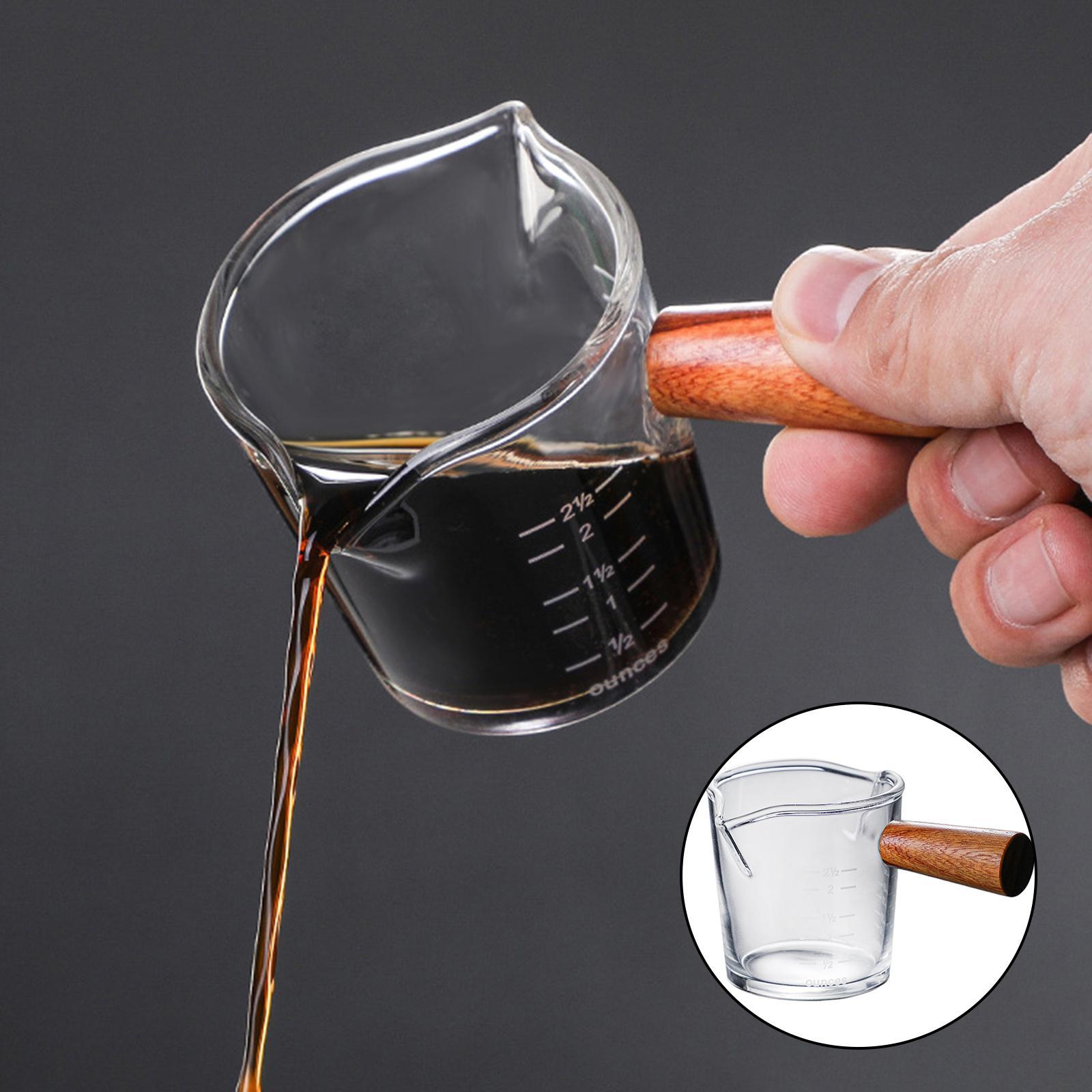 2x Clear Double Measuring Cup with Wooden Handle for Barista Sauce Milk