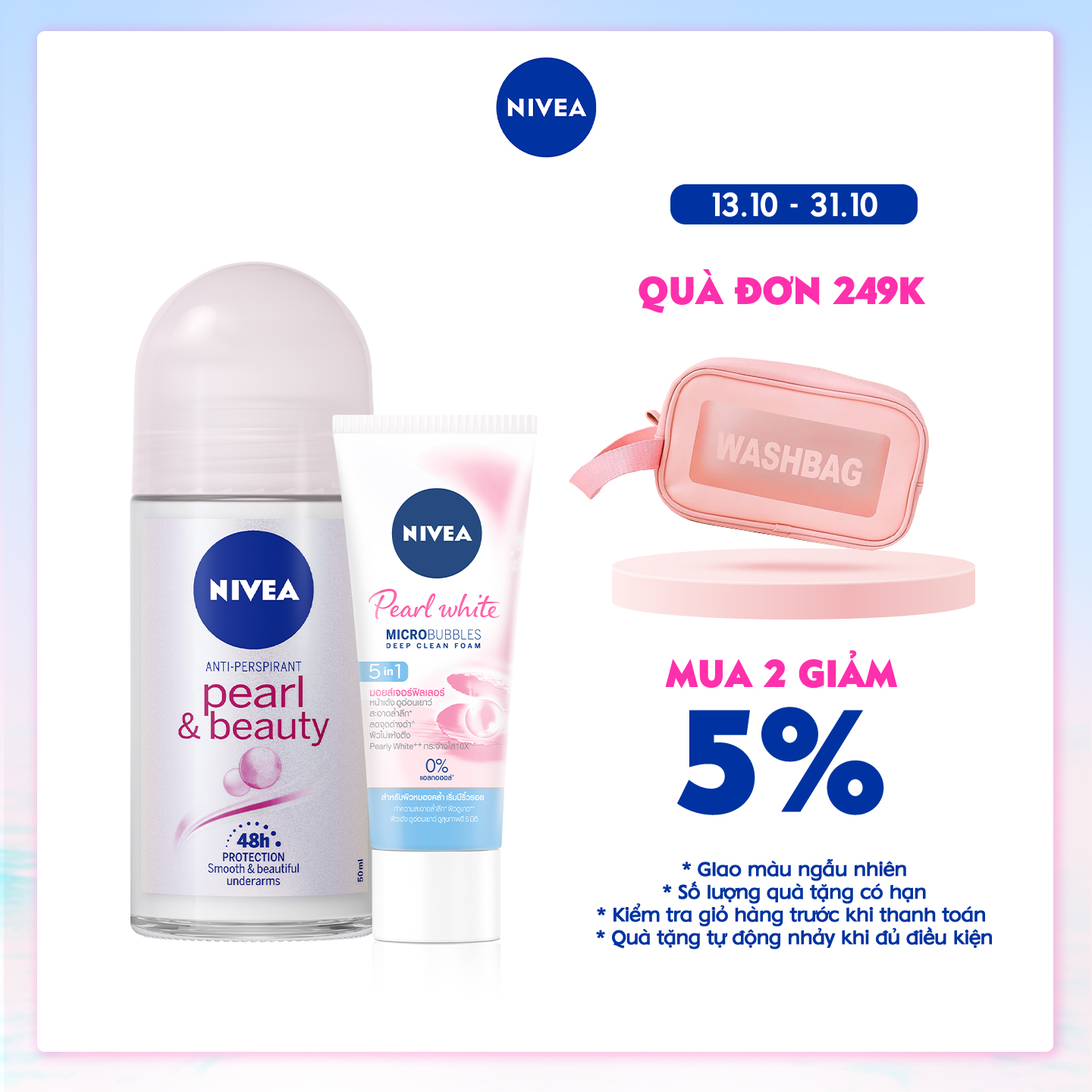 [Mua 1 tặng 1] Lăn Ngăn Mùi NIVEA Pearl &amp; Beauty Ngọc Trai Quyến Rũ (50ml) - 83735 -Tặng Sữa Rửa Mặt 20gr