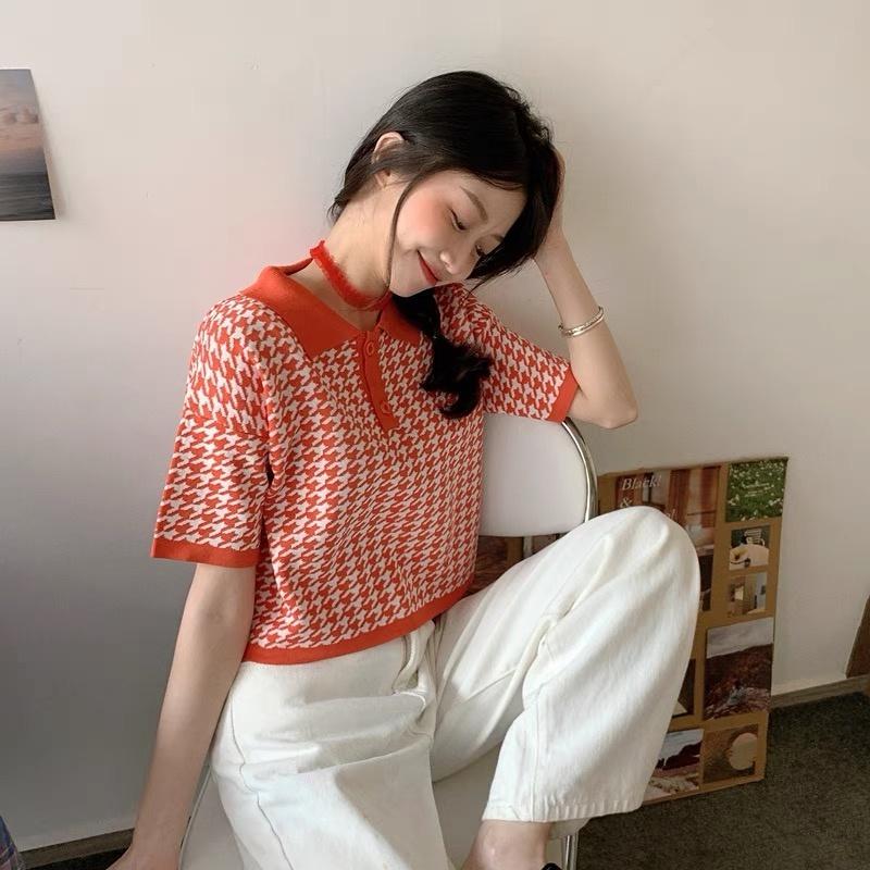 MS665 Áo polo len nữ cổ bẻ hoạ tiết croptop năng động