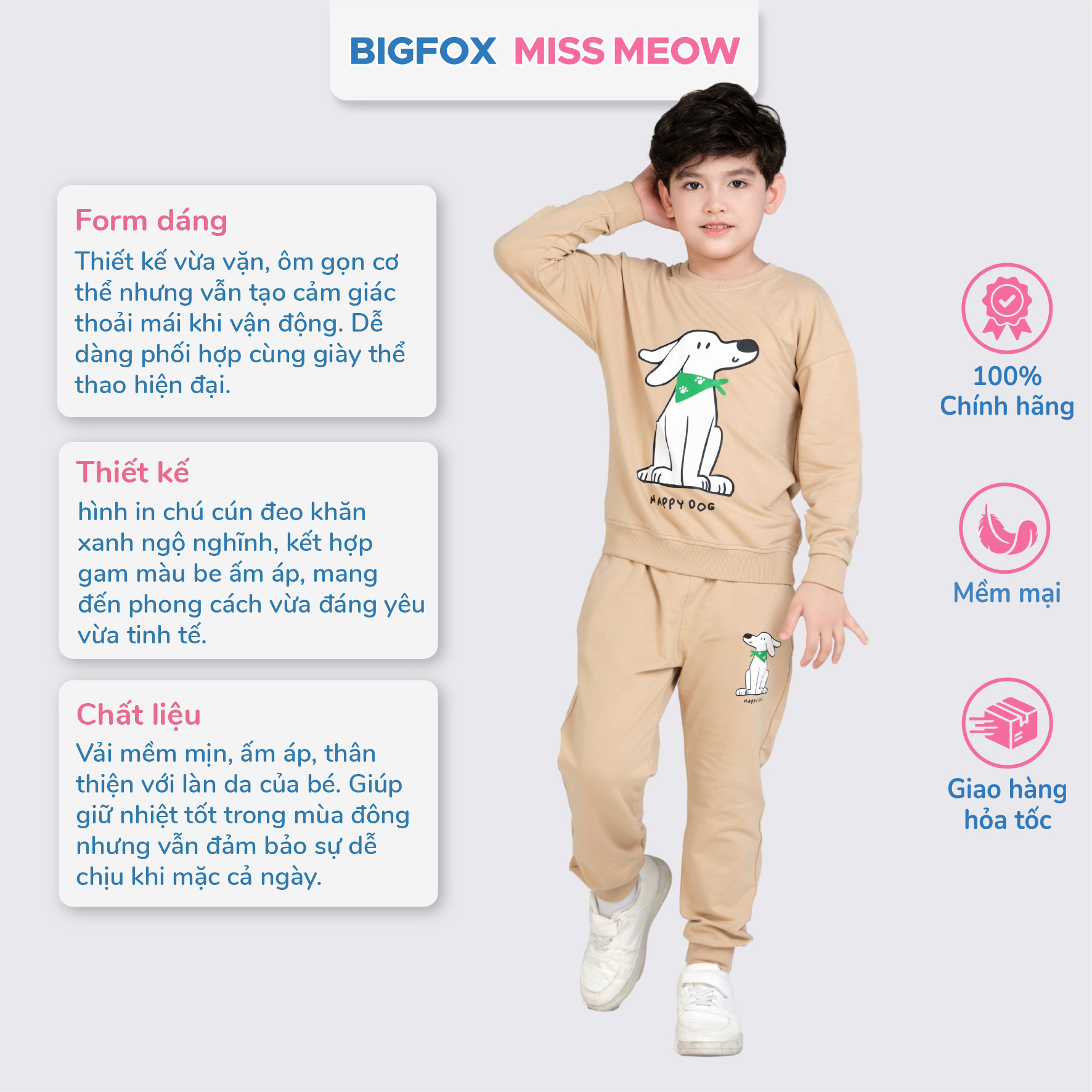 Bộ đồ dài tay cho bé trai size đại Bigfox Miss Meow mùa thu đông mặc nhà vải nỉ dày dặn cỡ 3-11 tuổi