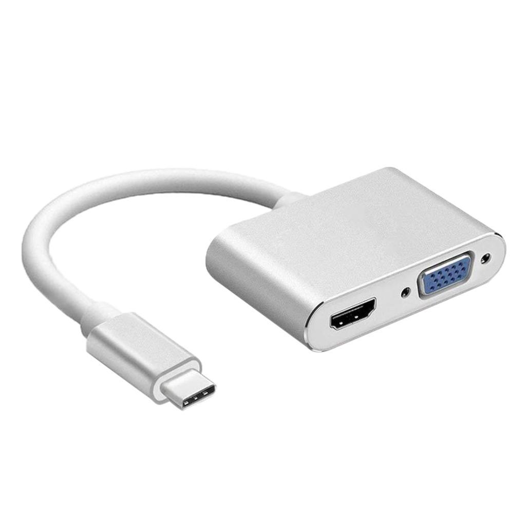 USB-C to  VGA Type-C Hub Adapter Splitter Box for HDTV Silver