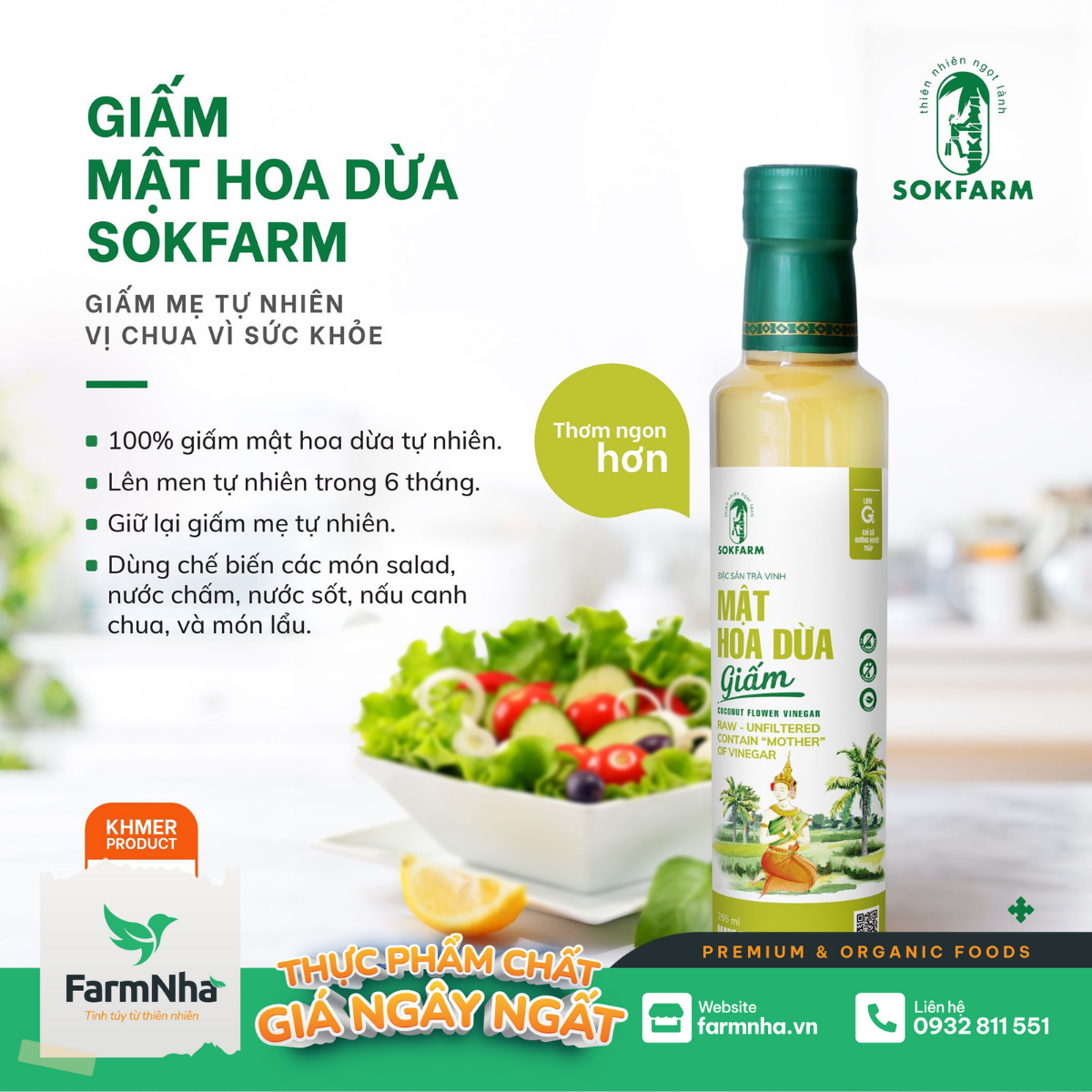 Giấm Mật Hoa Dừa Sokfarm 265ml - Chuẩn Xuất Khẩu FDA Hoa Kỳ