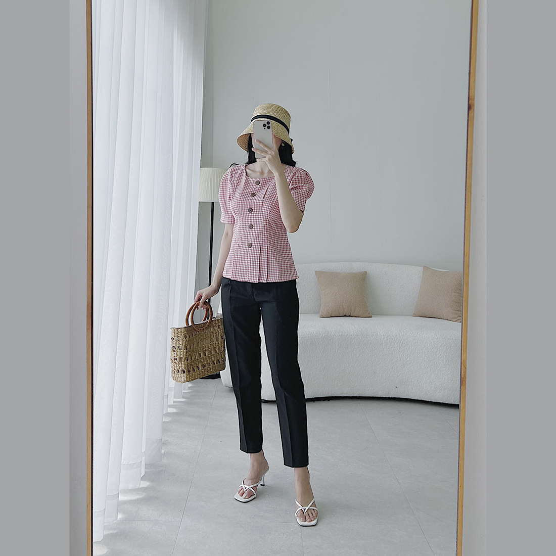 Áo kiểu nữ công sở thời trang Eden thiết kế cổ tròn xếp li eo chất liệu caro xốp Hàn Quốc không nhăn - ASM176