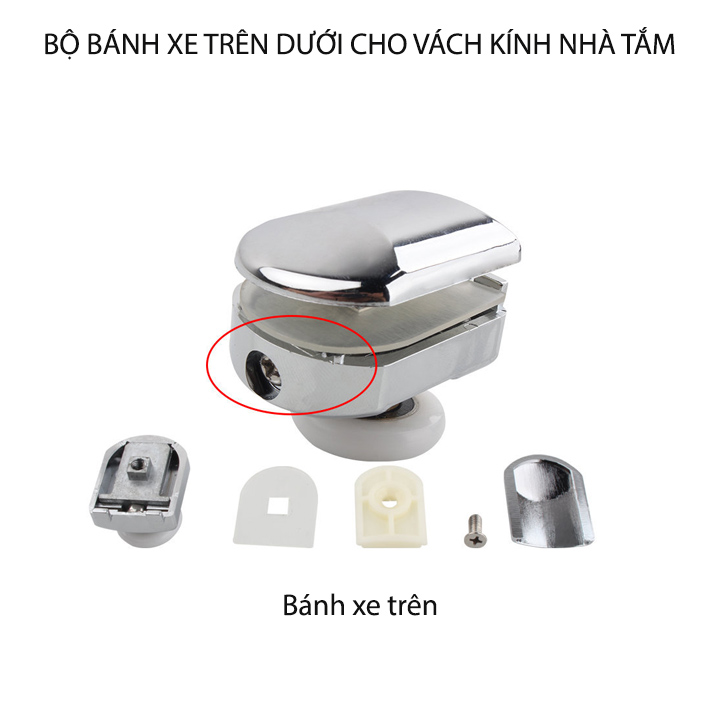Bộ bánh xe trên dưới cho cửa kính trượt phòng tắm, đường kính bánh 25mm, bằng nhựa ABS