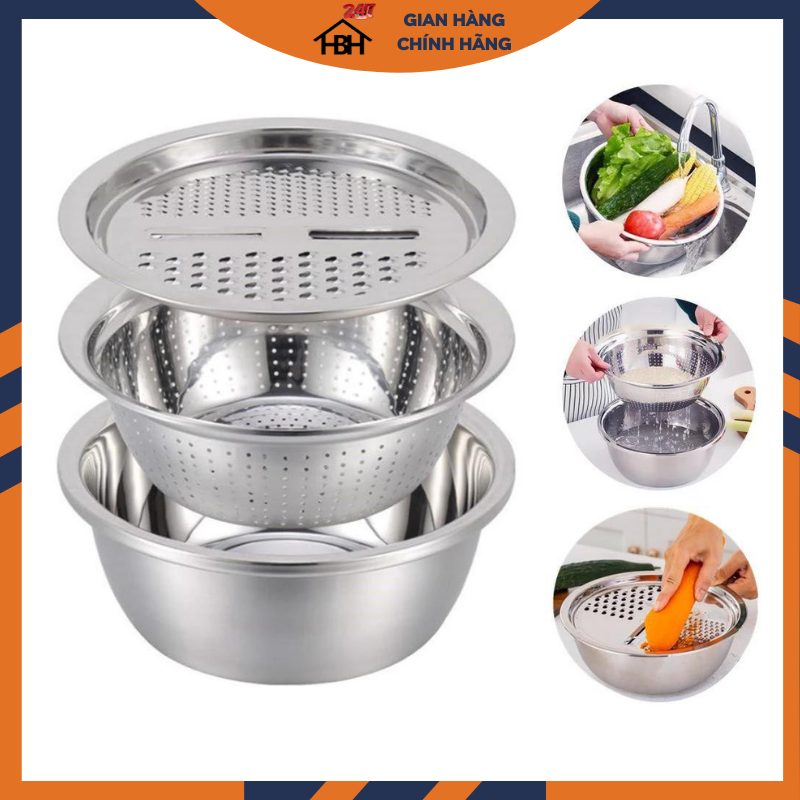 RỔ BÀO RAU CỦ INOX - BỘ THAU RỔ BÀO RAU CỦ INOX KHÔNG RỈ 3 MÓN (THAU+RỔ+MẶT BÀO) TẶNG KÈM MIẾNG CỌ RỬA CHÉN BÁT