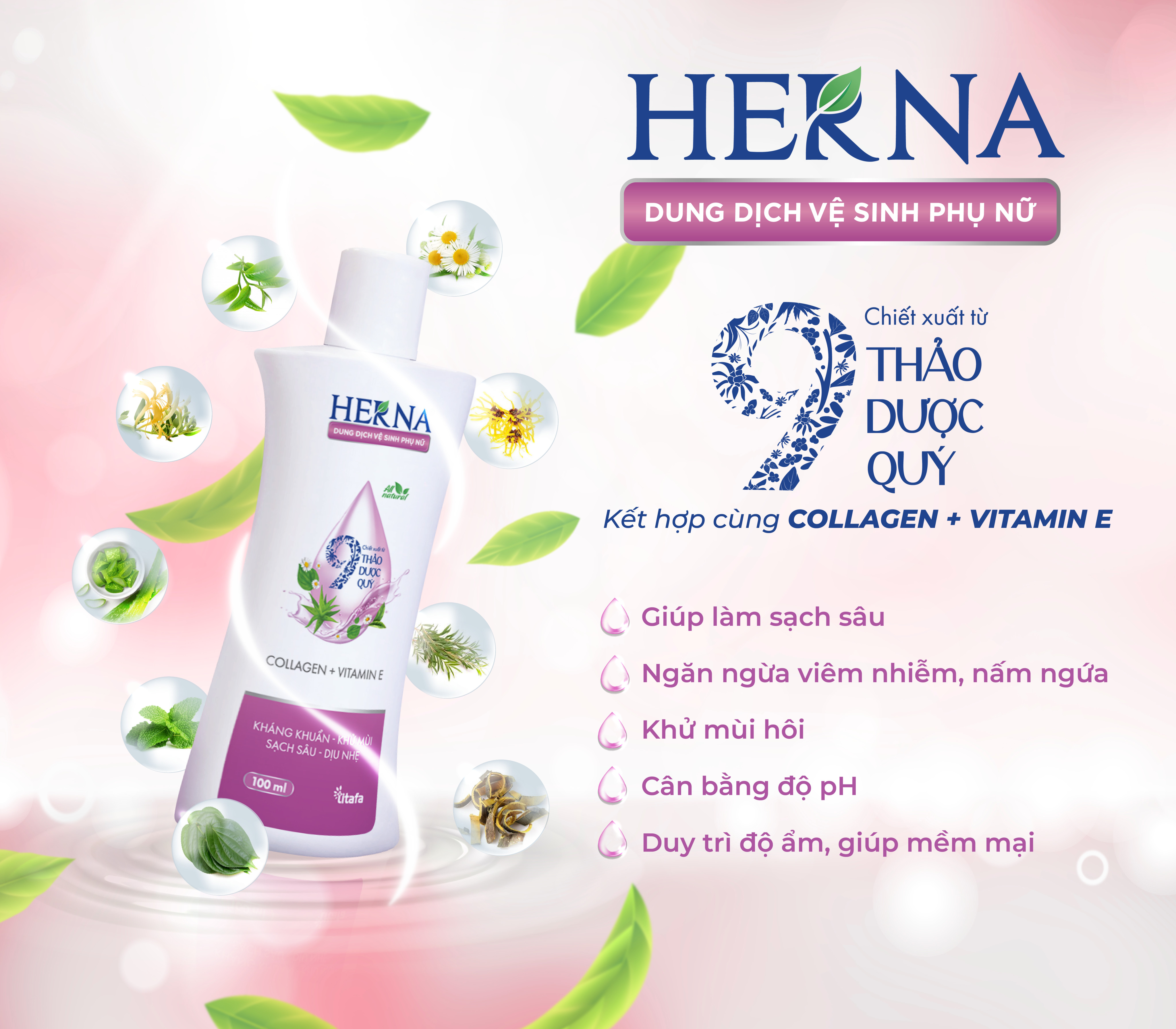 Dung dịch vệ sinh phụ nữ Herna (100ml) - Kháng khuẩn - Khử Mùi - Sạch Sâu - Dịu Nhẹ