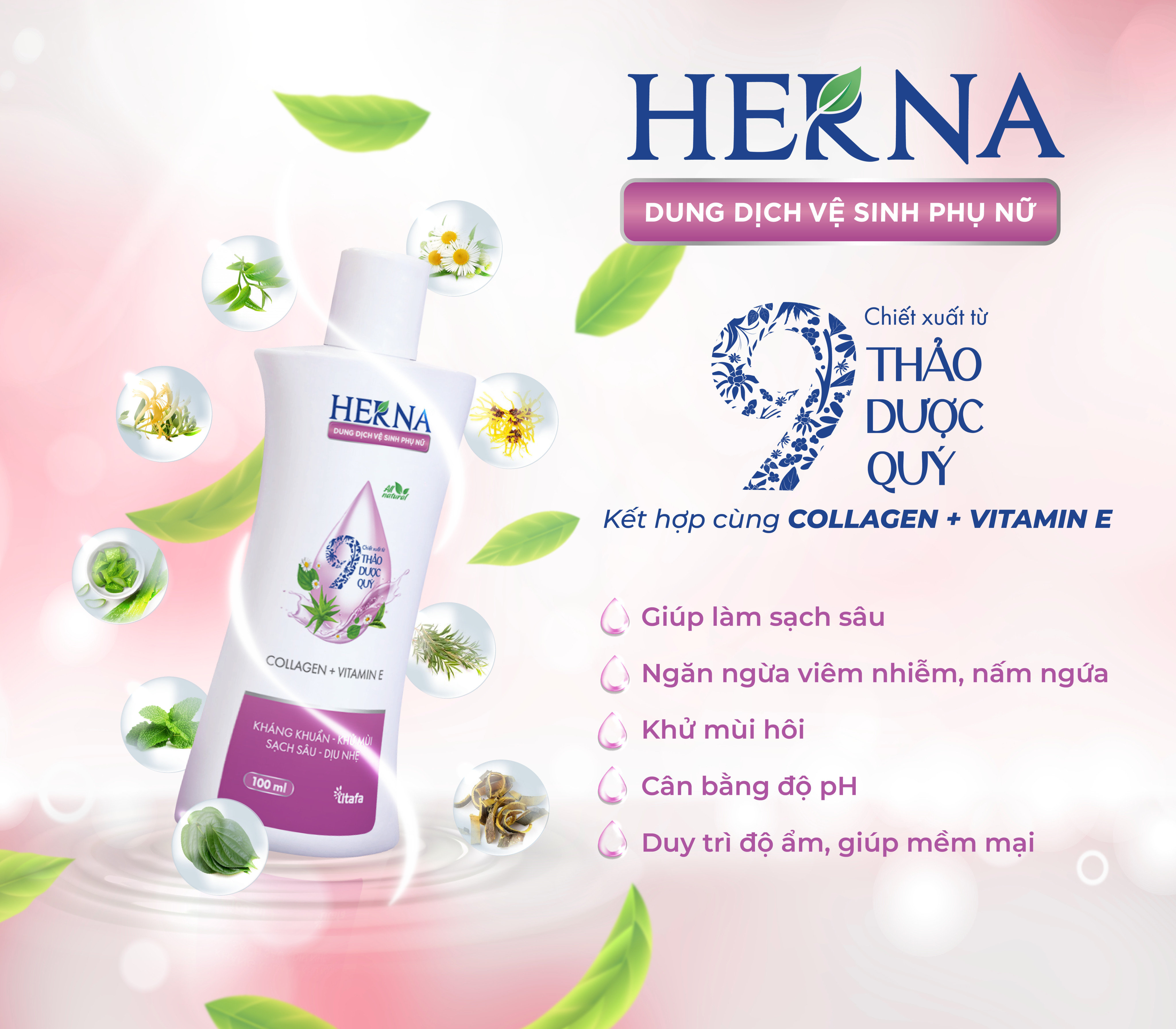 Dung dịch vệ sinh phụ nữ Herna - Kháng khuẩn - Khử Mùi - Sạch Sâu - Dịu Nhẹ
