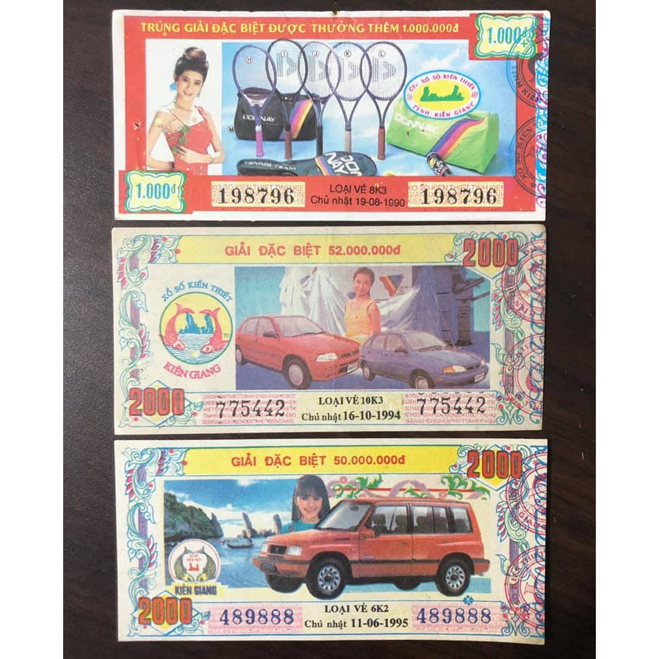 Combo 3 tờ vé số tỉnh Kiên Giang 1990, 1994, 1995 sưu tầm