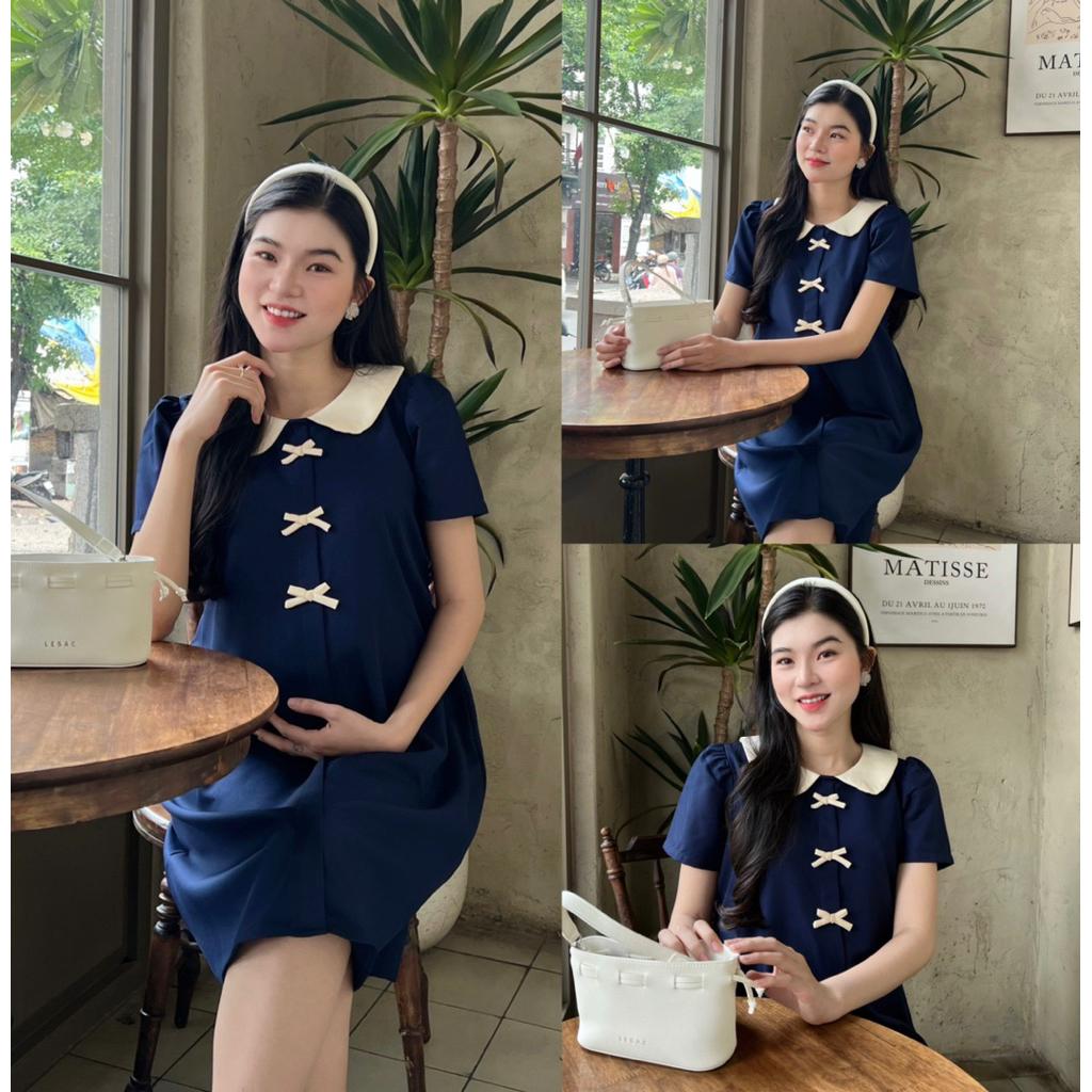 Đầm bầu công sở cổ sen đính 3 nơ dễ thương chất cotton lạnh mềm mịn - Hồng