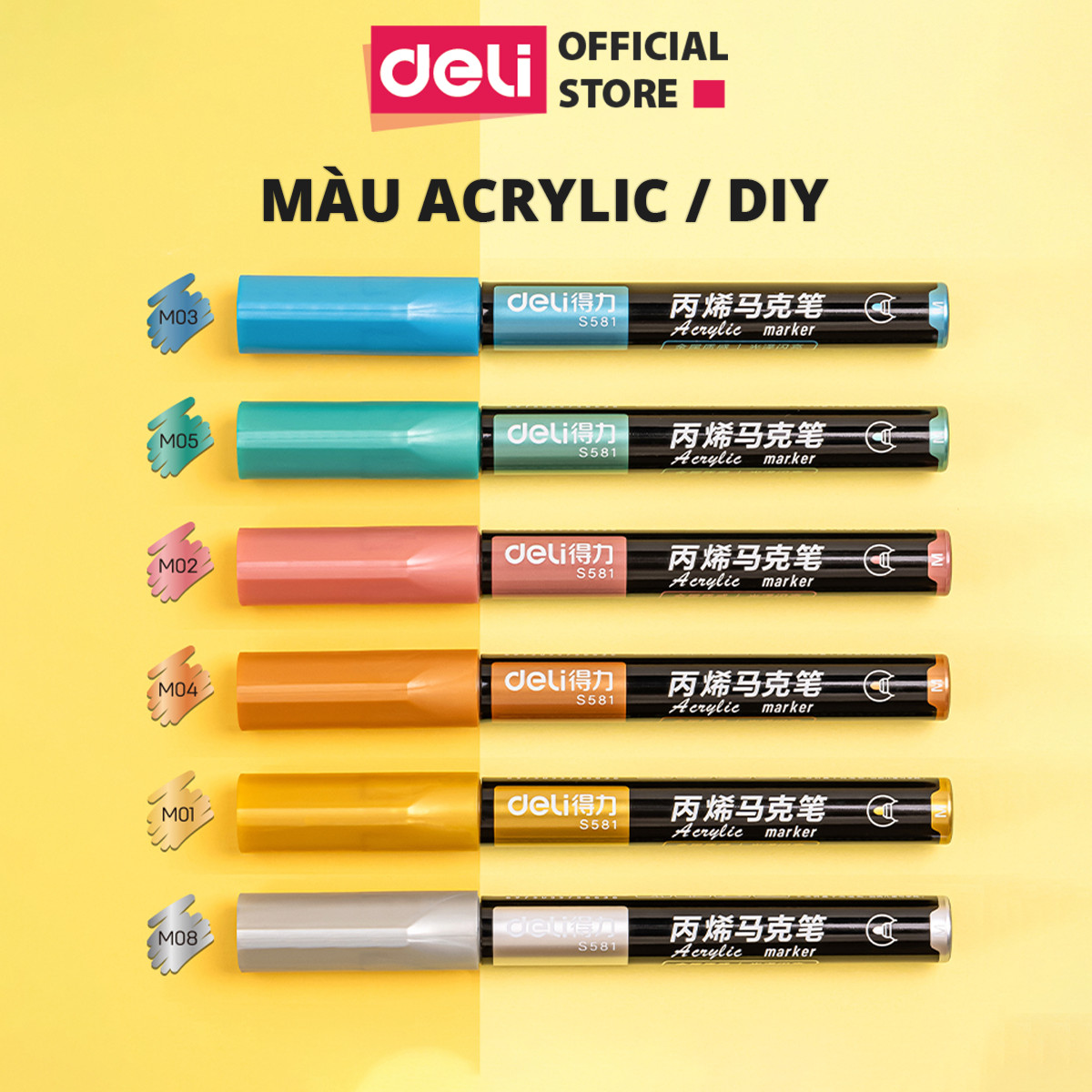 Set 6 Bút Sơn Acrylic Painter Bút Lông Marker Propylene Màu Pastel Nhũ Deli - Không Thấm Nước Dùng Vẽ Trang Trí Giày Graffiti Vẽ Trên Mọi Chất Liệu Kính Gốm Sứ - S581 S582