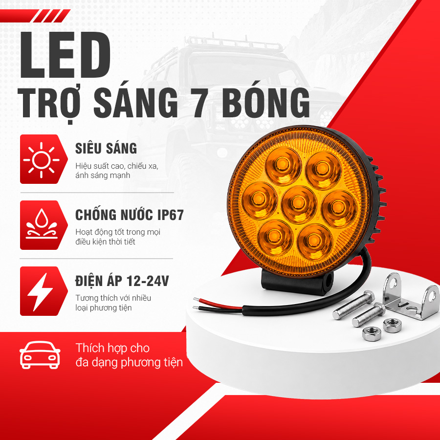 Đèn LED Trợ Sáng Tròn Viair 7 Bóng Vàng 12-30V
