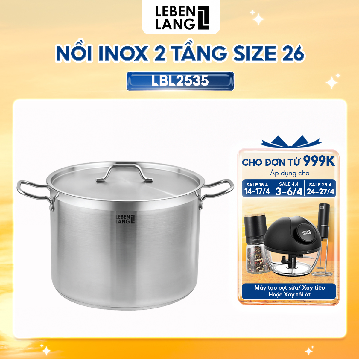 Nồi inox 304 nắp inox đáy 3 lớp Lebenlang LBL2535 và LBL2536, size 26, 30cm, dùng cho mọi loại bếp - hàng chính hãng
