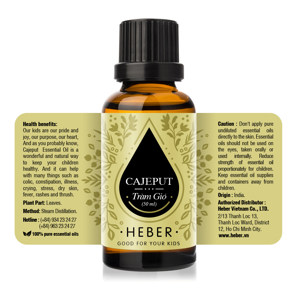 Tinh Dầu Tràm Gió Cajeput Essential Oil Heber | 100% Thiên Nhiên Nguyên Chất Cao Cấp | Nhập Khẩu Từ Ấn Độ | Kiểm Nghiệm Quatest 3 | Xông Thơm Phòng | Hương Dịu Nhẹ