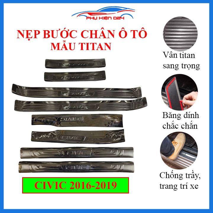 Bộ ốp bậc cửa trong ngoài nẹp bước chân Civic 2016-2017-2018-2019-2020 vân Titan chống trầy trang trí xe