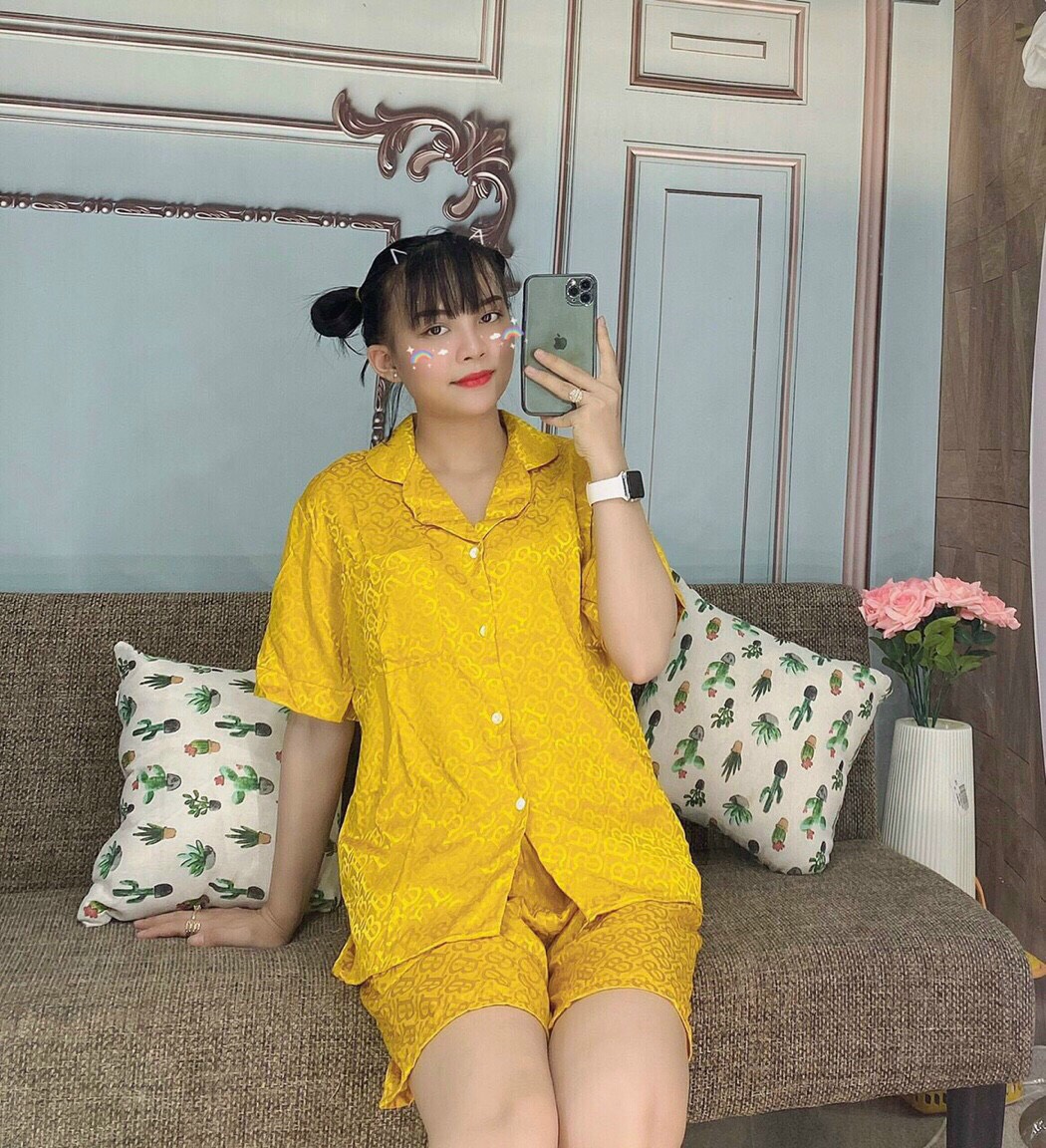 Đồ Bộ Mặc Nhà, Bộ Ngủ Nữ, Pijama Lụa Gấm Đùi, Tay Ngắn Quần Ngắn Họa Tiết Chìm Sang Trọng Quý Phái