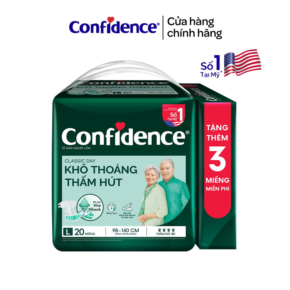 Tã dán người lớn Confidence Classic Day khô thoáng thấm hút size M/L gói 20+3 miếng