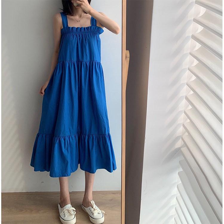 ĐẦM MAXI XÒE 2 DÂY CỔ VUÔNG BO CHUN PHỐI BÈO-hình trải sàn
