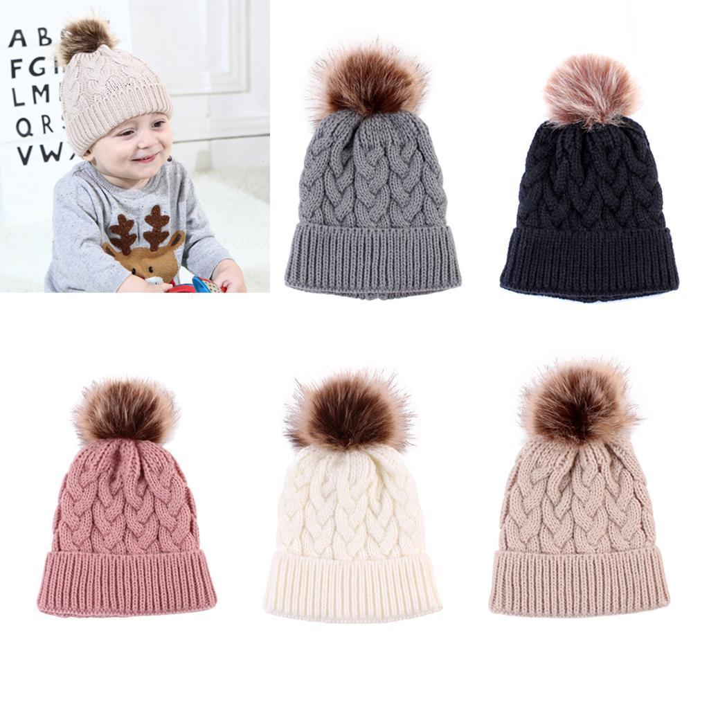 Winter Warm Baby Girls Boys Crochet Knitted Hairball Caps Children Beanie Hat