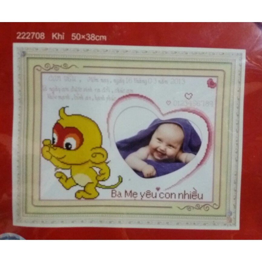 Tranh thêu chữ thập 12 con giáp khung hình cho bé-Con Khỉ chưa thêu