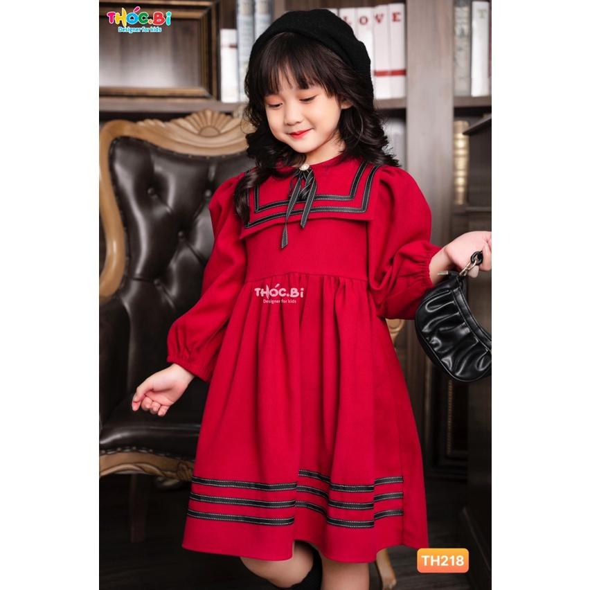 Váy nhung bé gái 1-11 tuổi màu đỏ đô cổ thủy thủ đính nơ, Đầm nhung cho bé hàng thiết kế chất liệu cao cấp