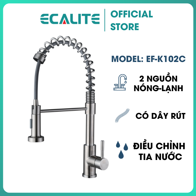 Vòi Rửa Chén Nóng Lạnh Single Control Ecalite EF-K102C - Có Dây Rút - Điều Chỉnh Tia Nước - Đồng Mạ Chrome Cực Đẹp - Hàng Chính Hãng