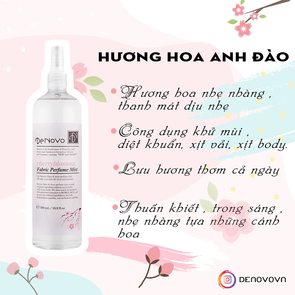 Nước xịt thơm hương nước hoa DENOVO Hàn Quốc hương Cherry Blossom - Xịt khử mùi quần áo, mùi phòng, mùi cơ thể chính hãng